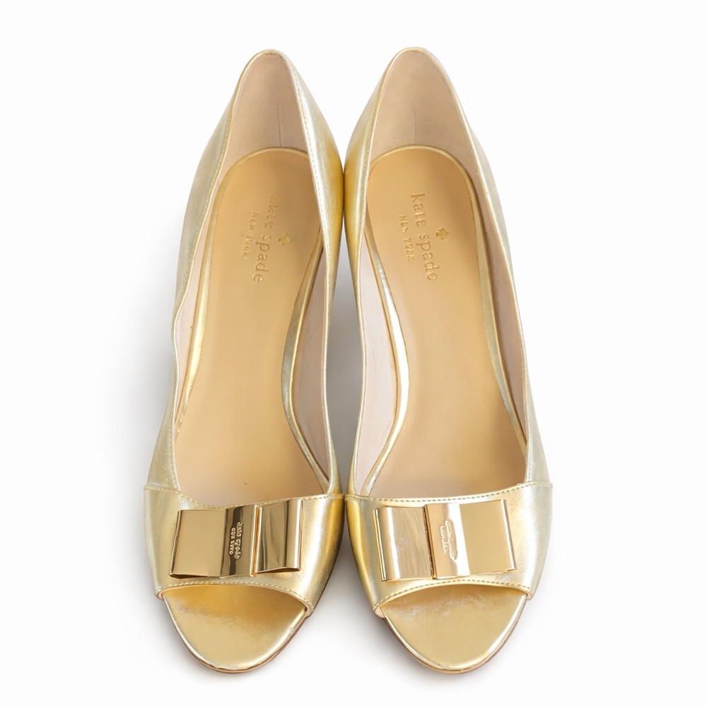 Kate Spade Gold Peep Toe Bow Heels Metallic Wedge Pumps Women’s 9.5M